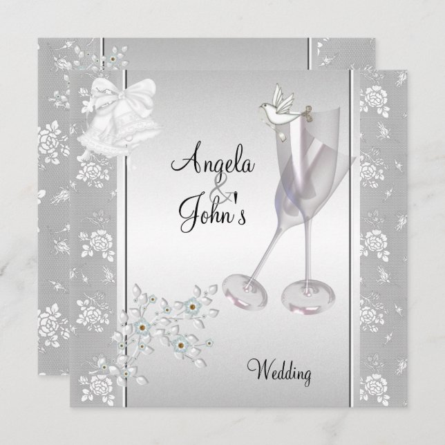 Invitation Mariage Elégant Silver White dentelle Florale (Devant / Derrière)