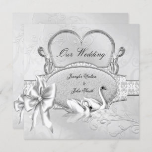 Invitation Mariage élégant Silver White Swans Heart Bow