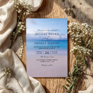 Invitation Mariage élégant sur la plage avec code QR aquarell