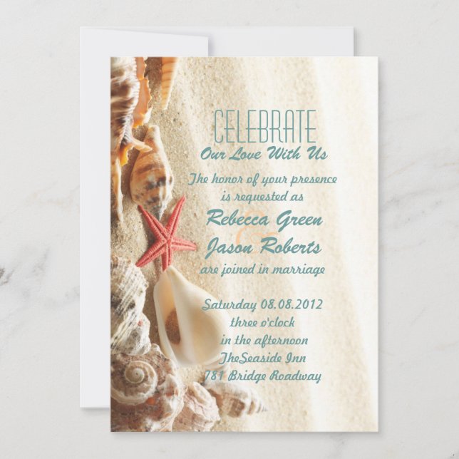 Invitation mariage élégant sur la plage avec du sable océaniq (Devant)