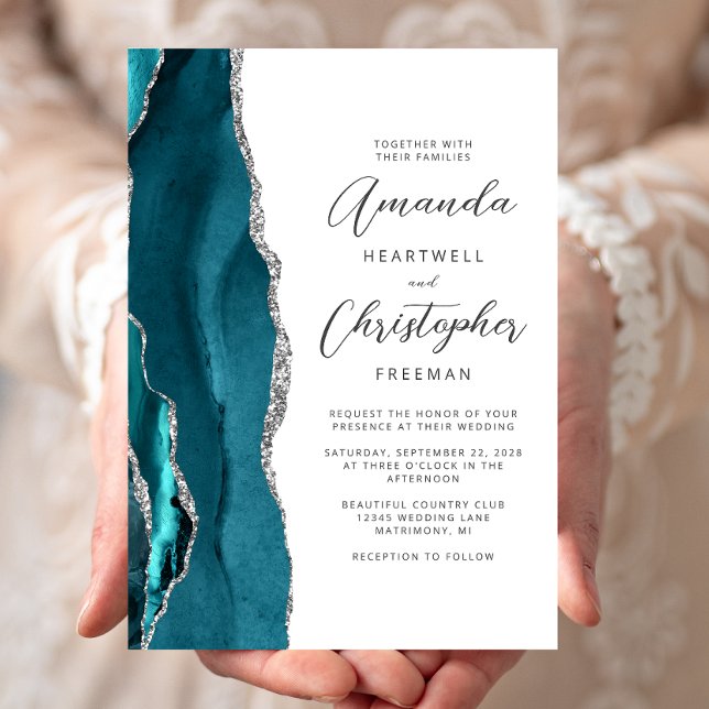 Invitation Mariage Élégant Teal Argent Agate Script (Créateur téléchargé)