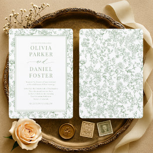 Invitation Mariage Élégant Toile de Jouy Vert Sauge