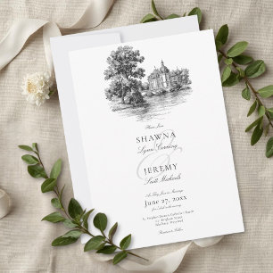 Invitation Mariage Élégant Toile Noir et Blanc Manoir Françai