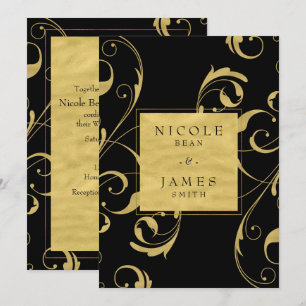 Invitation Mariage élégant tourbillon floral noir et or faux