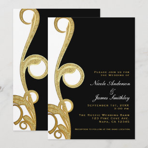 Invitation Mariage Élégant Tourbillon Noir Or Blanc