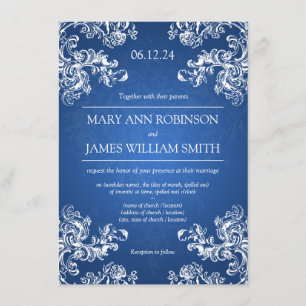 Invitation Mariage Élégant Tourbillons Vintage 2 Bleu Saphir