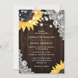Invitation Mariage Élégant Tournesol Floral Dentelle Bois Rus