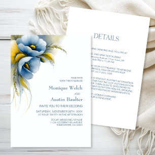 Invitation Mariage Élégant Tout en Un Fleurs Bleues et Jaunes