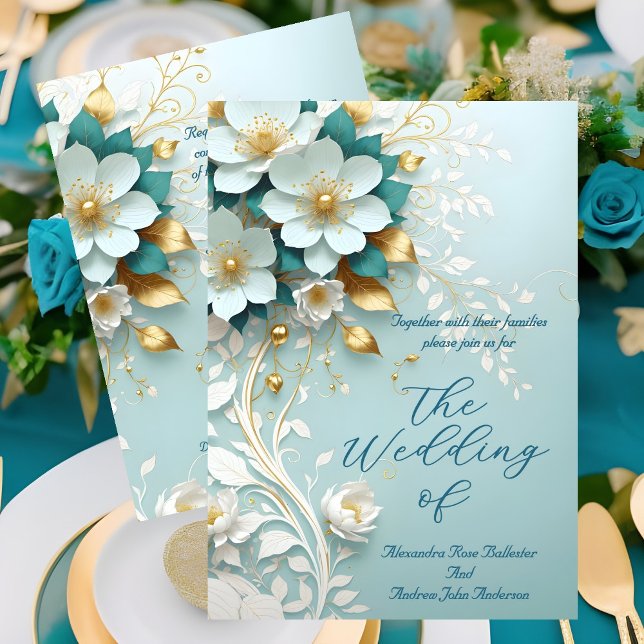 Invitation Mariage élégant Turquoise Bleu Blanc Or Floral orn (Créateur téléchargé)