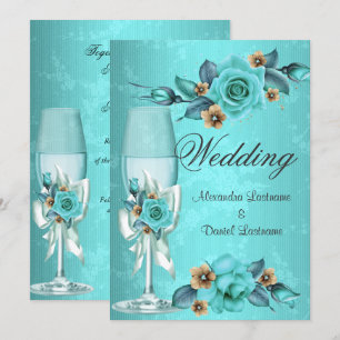 Invitation Mariage élégant Turquoise Blue Champagne Roses Fle