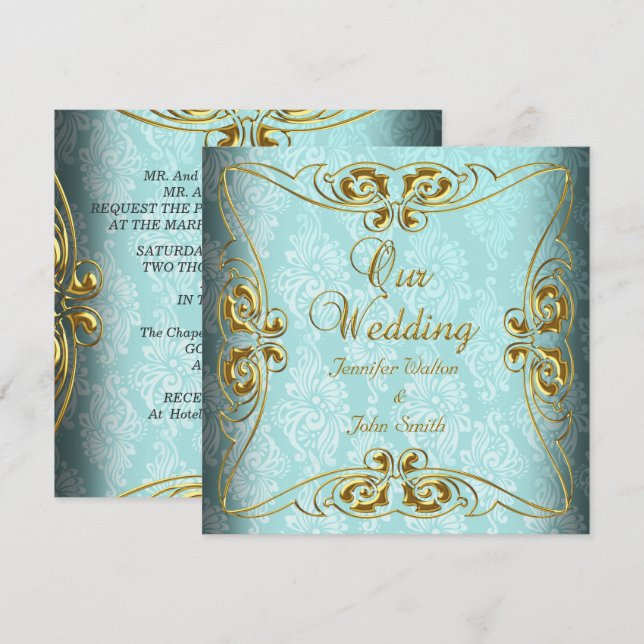 Invitation Mariage élégant Turquoise Blue Gold Damask (Devant / Derrière)