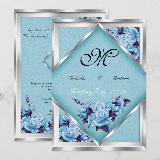 Invitation Mariage élégant Turquoise violet Roses Argent Bouq (Devant / Derrière)