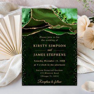 Invitation Mariage élégant vert et doré avec paillettes d'aga