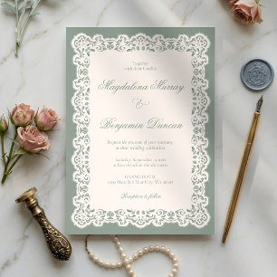 Invitation Mariage Élégant Vert Sauge Chic Lace Ivoire Vintag