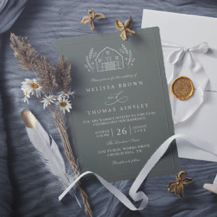 Invitation Mariage Élégant Vert Sauge Grange Rustique Art Lin