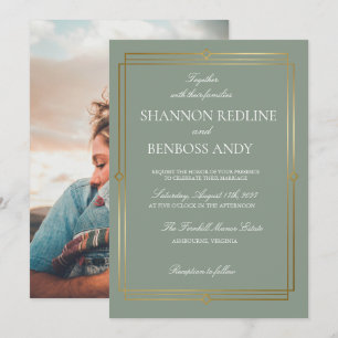 Invitation Mariage Élégant Vert Sauge & Monogramme Or