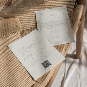 Invitation Mariage élégant vert sauge QR Code à l'ancienne