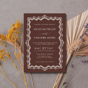 Invitation Mariage élégant vieux riche dentelle blanche choco