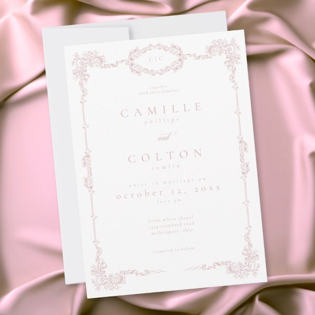 Invitation Mariage Élégant Vintage Baroque Rose Poussiéreux (Elegant Vintage Baroque Dusty Pink Wedding Invitation)