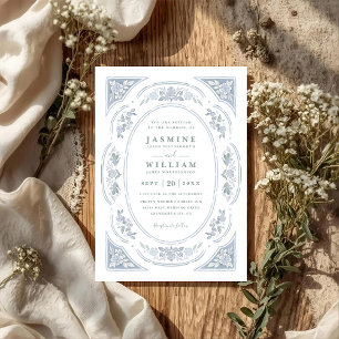 Invitation Mariage élégant vintage bleu floral chic code QR