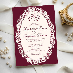 Invitation Mariage Élégant Vintage Bourgogne Ivoire Lace Cygn