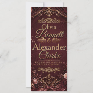 Invitation Mariage élégant vintage floral bordeaux or