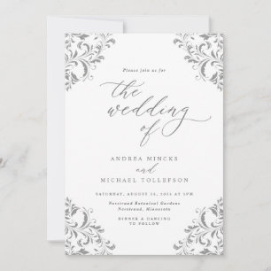 Invitation Mariage Élégant Vintage Gris Argenté