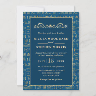 Invitation Mariage élégant violet et or aux hiéroglyphes égyp