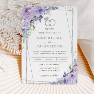 Invitation Mariage élégant Violet Lilac Floral Argent Anneaux