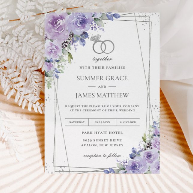 Invitation Mariage élégant Violet Lilac Floral Argent Anneaux (Créateur téléchargé)