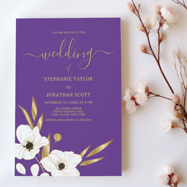 Invitation Mariage élégant violet violet or blanc élégant (Classy purple white gold floral elegant Wedding )
