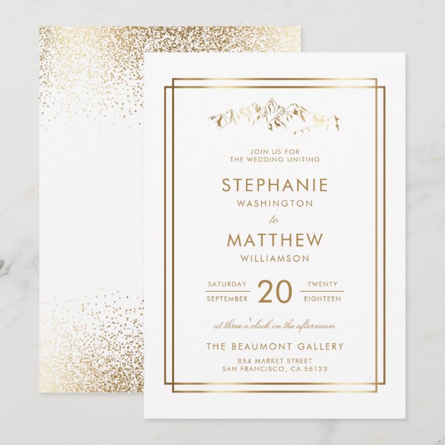 Invitation Mariage élégant White & Gold Mountain (Devant / Derrière)