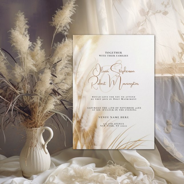 Invitation Mariage | Elégante Pampas Bohème Florale Or (Créateur téléchargé)