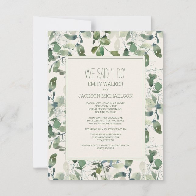 Invitation Mariage Elopement Feuilles d'Eucalyptus Vert Sauge (Devant)