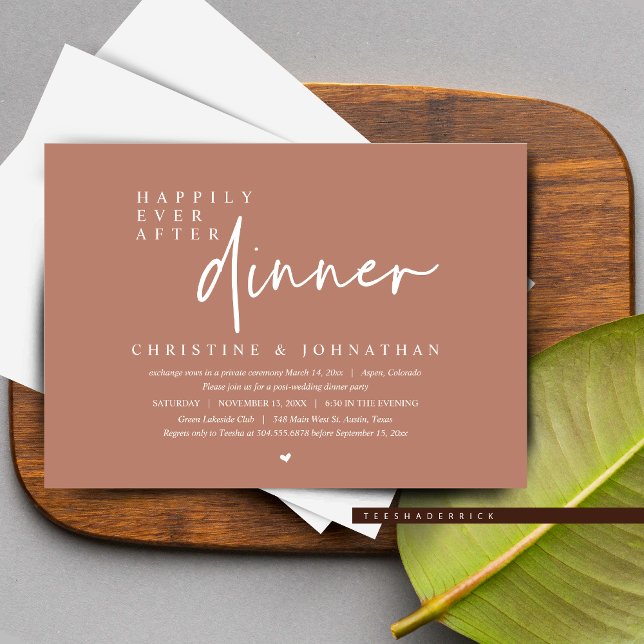 Invitation Mariage Elopement, Heureusement Jamais Après Le Dî (Wedding Elopement, Happily Ever After Dinner Party Invitation in Terracotta Brown Earthy Themed.)