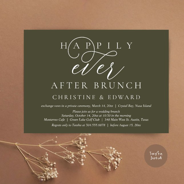 Invitation Mariage Elopement, Heureux Jamais Après Brunch (Modern Classy Wedding Elopement, Happily Ever After Brunch Invitation Card, PDF, in Olive Green)