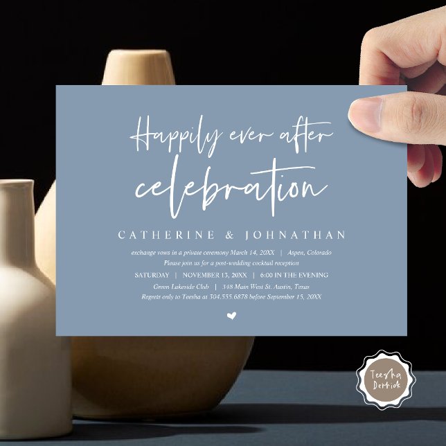 Invitation Mariage Elopement, Joyeux Jour après la célébratio (Wedding Elopement Dinner, Happily Ever after celebration Invitation Card, PDF, in Dusty Blue)