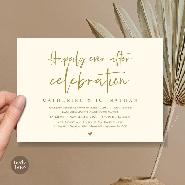 Invitation Mariage Elopement, Joyeux Jour après la célébratio (Wedding Elopement Dinner, Happily Ever after celebration Invitation Card, PDF, in Retro Yellow Gold)