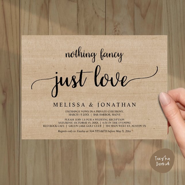 Invitation Mariage Elopement, Rien De Fancy Just Love Diner (Wedding Elopement, Nothing Fancy Just Love Dinner Invitation Card, PDF, Rustic Cottage Brown Wood)
