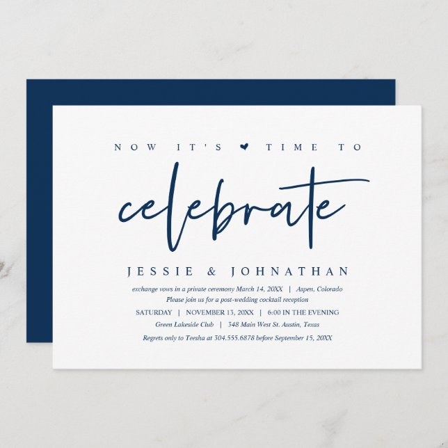 Invitation Mariage Elopement, temps de fêter, Navy Blue (Devant / Derrière)
