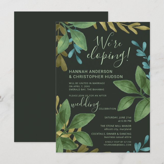 Invitation Mariage Elopo Aquarelle Feuille Réception uniqueme (Devant / Derrière)