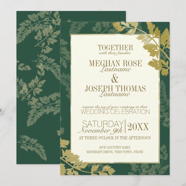 Invitation Mariage Emerald et Golden Leaf (Devant / Derrière)
