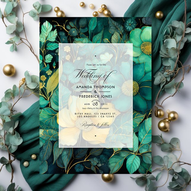 Invitation Mariage Emerald Green, Gold et Black Floral (Créateur téléchargé)