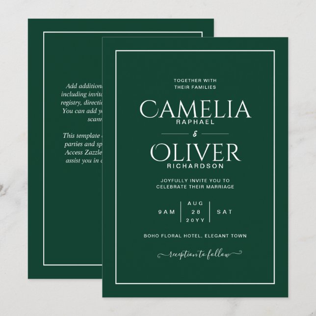 Invitation Mariage Emerald Green MONOCHROME (Devant / Derrière)