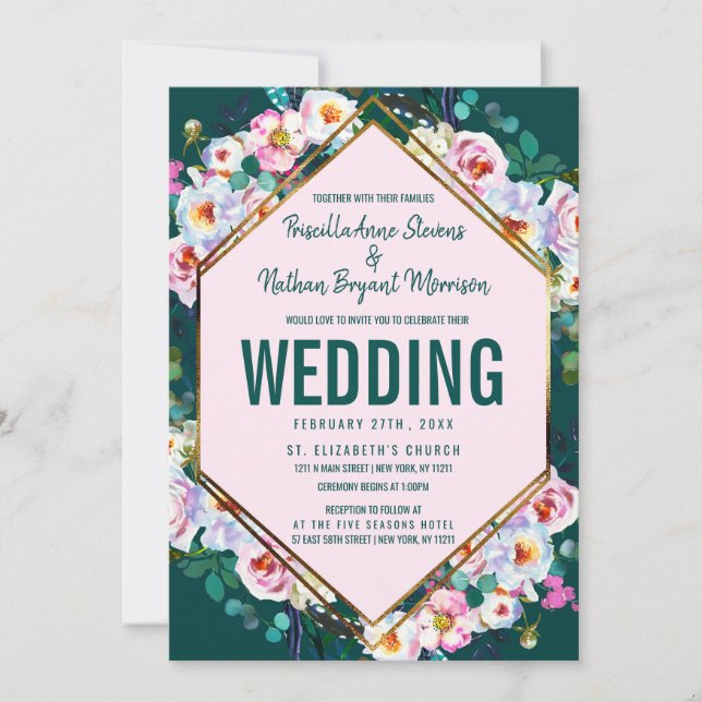 Invitation Mariage Emerald Jade aux fleurs roses (Devant)