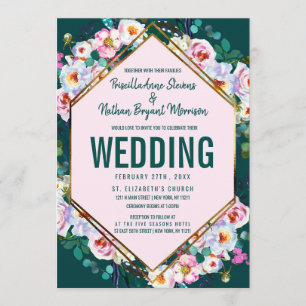 Invitation Mariage Emerald Jade aux fleurs roses