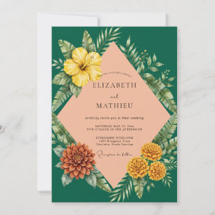 Invitation Mariage Émeraude Abricot Hibiscus Eucalyptus