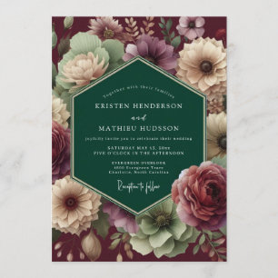 Invitation Mariage Emeraude Bourgogne Fleur Dramatique