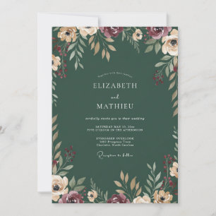 Invitation Mariage Émeraude Bourgogne Ranunculus Eucalyptus