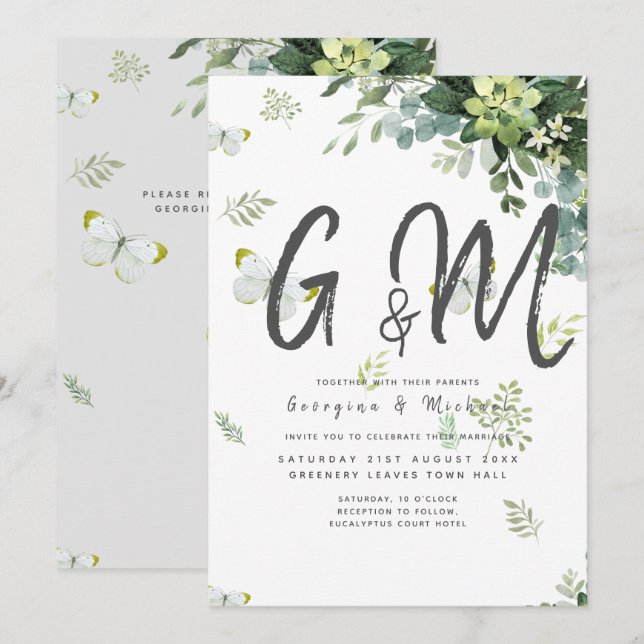 Invitation Mariage émeraude Feuille chic Eucalyptus (Devant / Derrière)